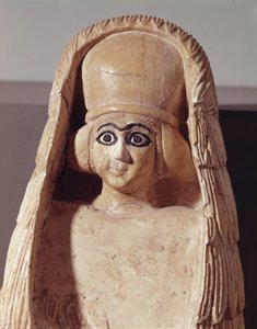 Hodet for en statue av Ishtar, iført hodeplagg, fra Ushtar-tempelet i Mari, Syrisk, 2800-2300 f.Kr. (alabaster)